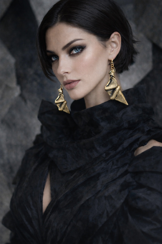 Faux Gold Metal Hand Sculpted Art Deco Style Pierced Earrings - OOAK