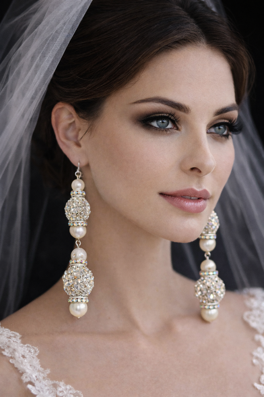 Rhinestone and Glass Pearl Dangle Pierced Statement Earrings - Formal