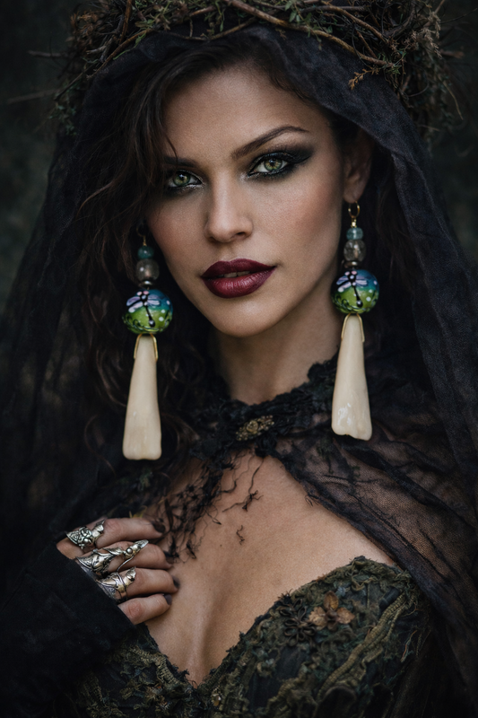 Buffalo Incisor Teeth & Dragonfly Lampwork Shoulder Duster Earrings