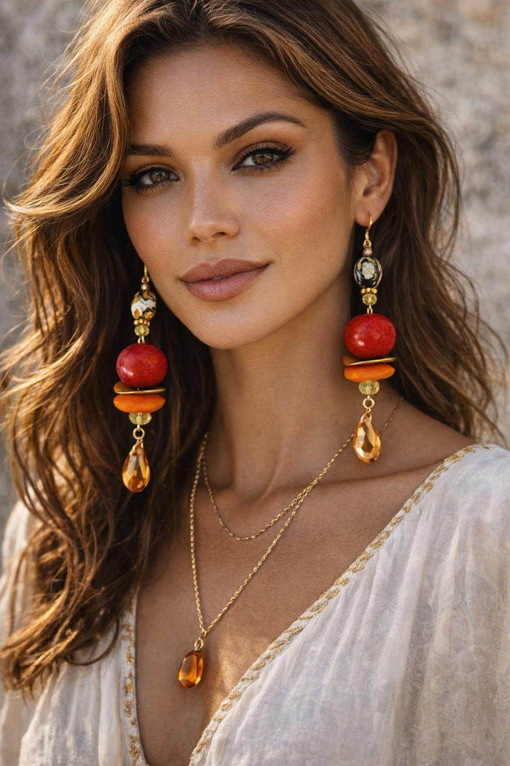 Red, Orange & Gold Beaded Shoulder Dusters - Extra Long Autumn Pierced Earrings - Kat Kouture Jewelry