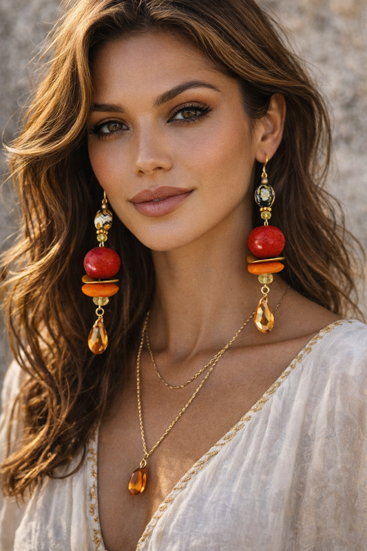 Red, Orange & Gold Beaded Shoulder Dusters - Extra Long Autumn Pierced Earrings - Kat Kouture Jewelry