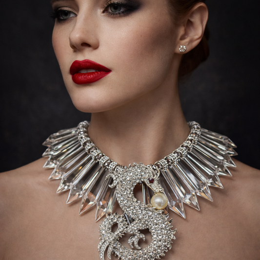 Rhinestone Dragon and Clear Crystal Statement Luxury Necklace