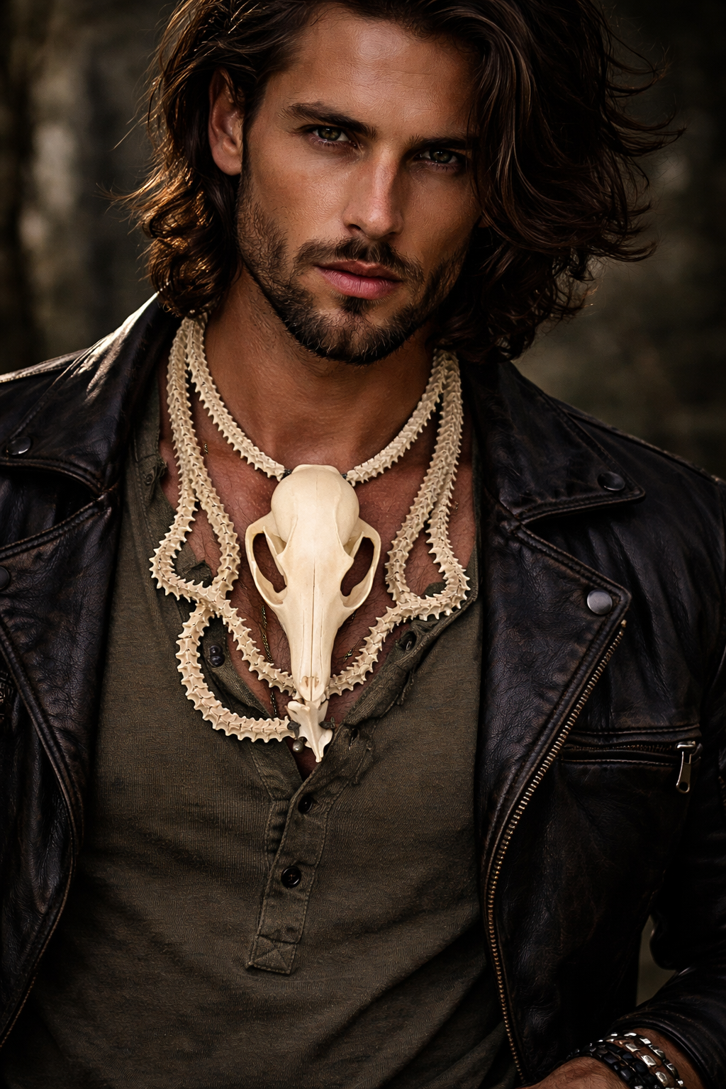 Snake Vertabrae & Fox Skull Exotic Bone Chest Piece - OOAK
