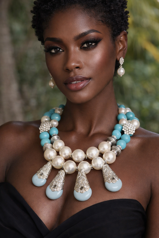 Faux Pearl Blue Magnesite & Rhinestone Statement Luxury Necklace