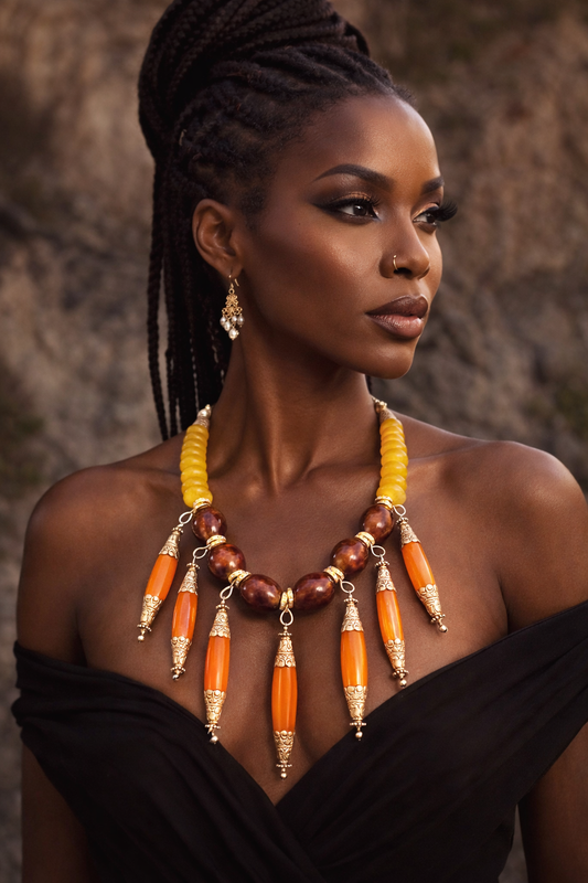 Brown Yellow & Orange Beaded Tribal Statement Necklace - Orange Dangle