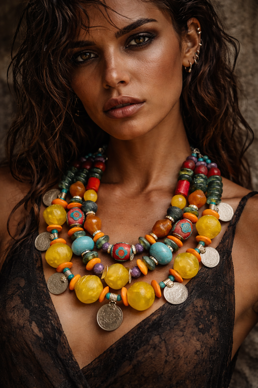 Oversized Beaded Mixed Media Tribal Statement Necklace & Kuchi Coins