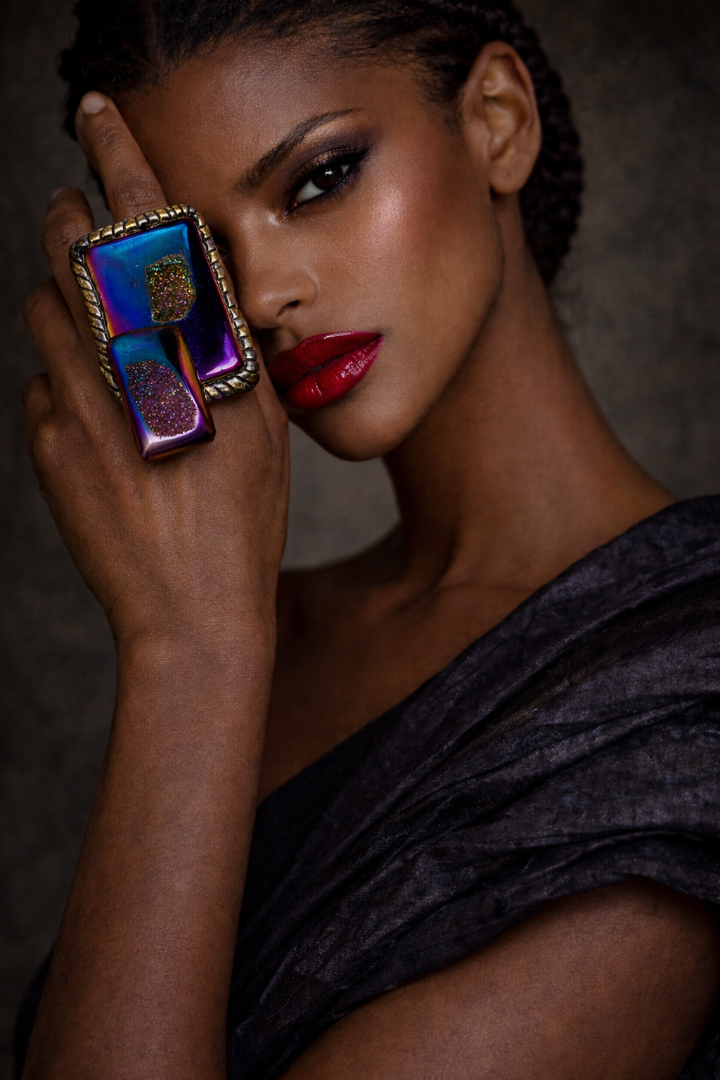 Unisex Blue & Purple Titanium Druzy Sculpted Hand Ring - Flashy