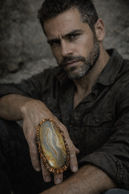 Oversized Earthy Agate Sculpted Two Finger Adjustable Hand Ring