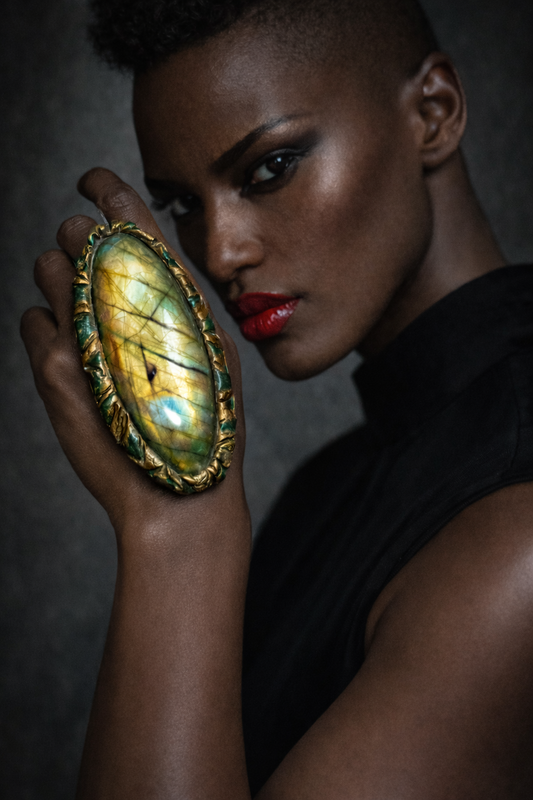 Flashy Golden Labradorite Sculpted Statement Ring - Haute Couture