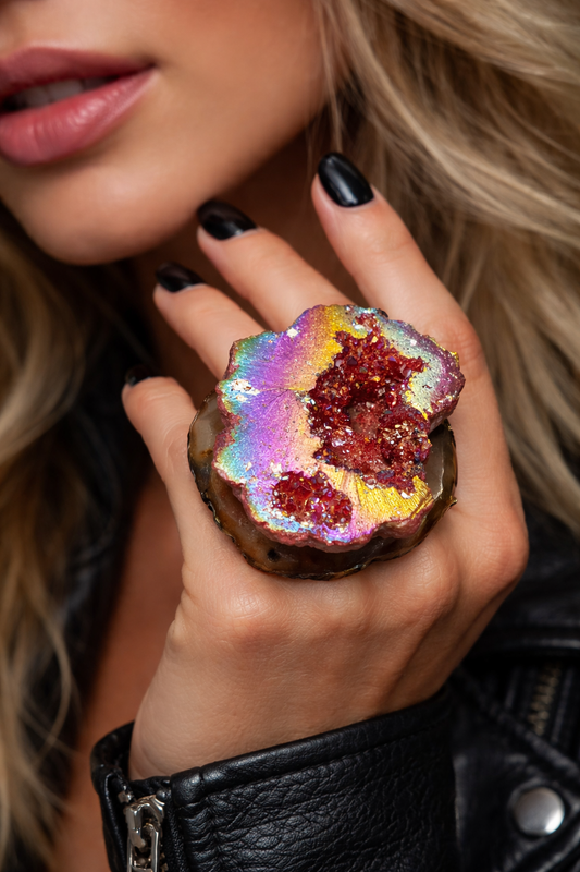 Red Titanium Geode & Agate Slab Adjustable Statement Ring - OOAK