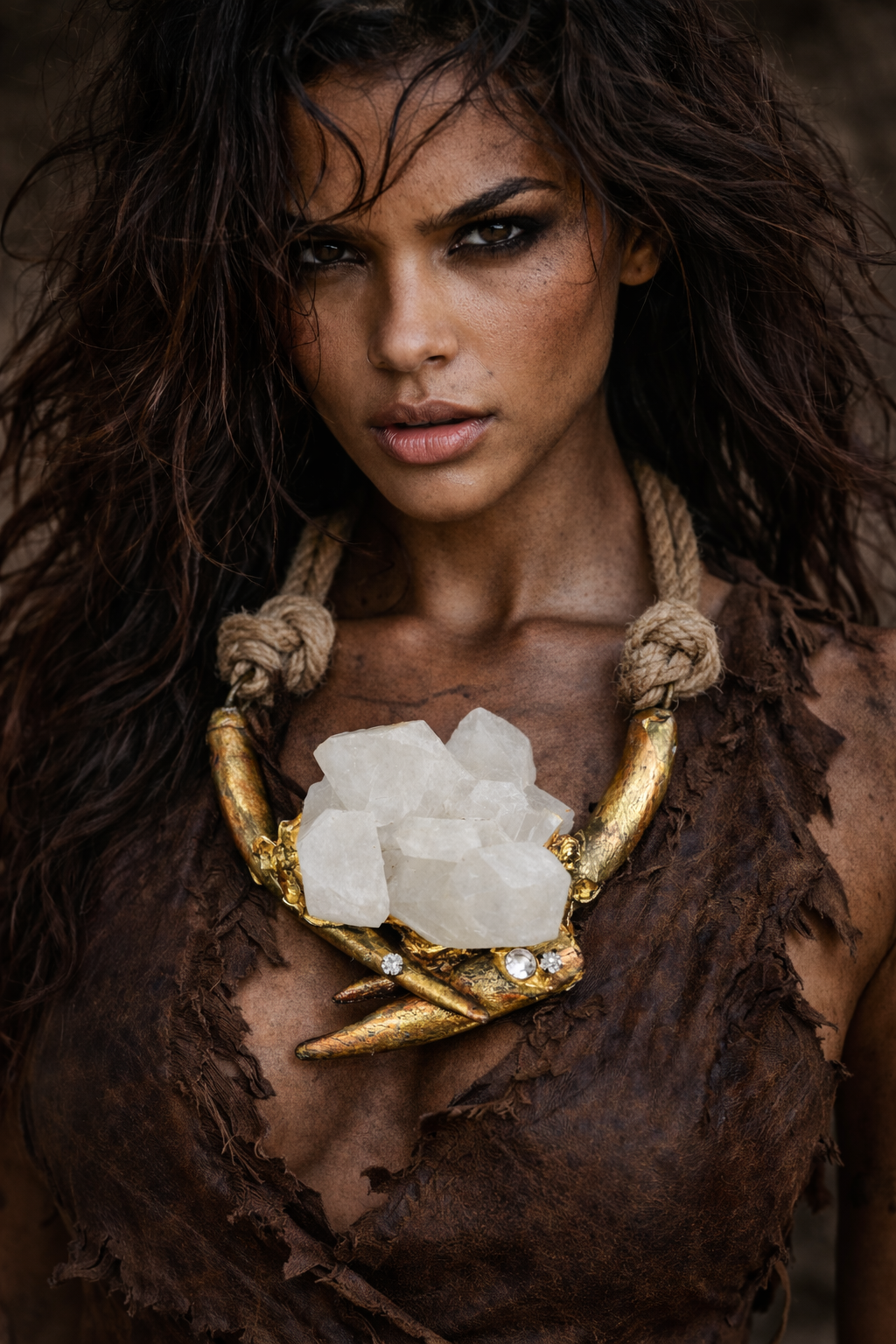 Gold Metallic Antler, Quartz & Hemp Avante Garde Chest Piece - Exotic