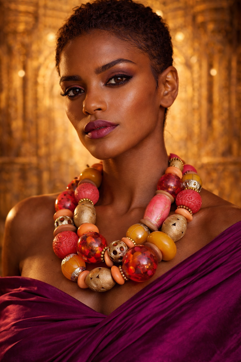 Luxury Ethnic Orange Red Gold & Yellow Huge Beaded Necklace - Dramatic