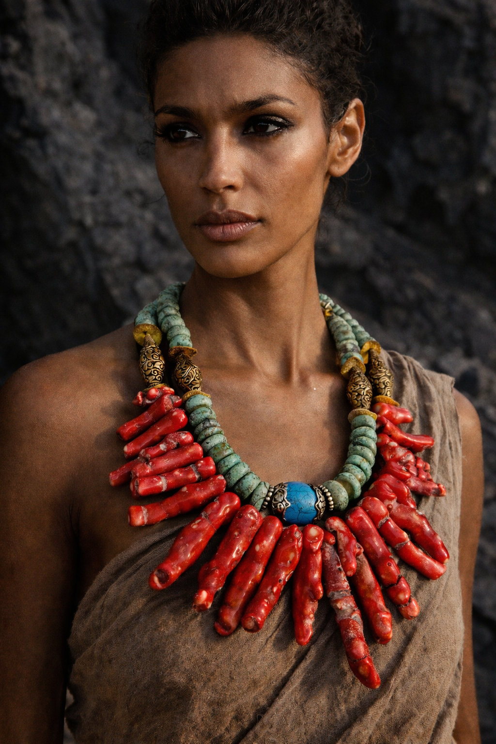 Massive Red Branch Coral Turquoise & Tibetan Brass Repousse Stateme