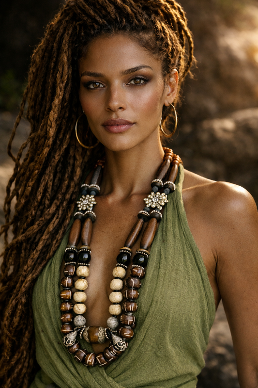 Earth Tone Brown Black & Beige Beaded Chest Piece - Androgynous Style
