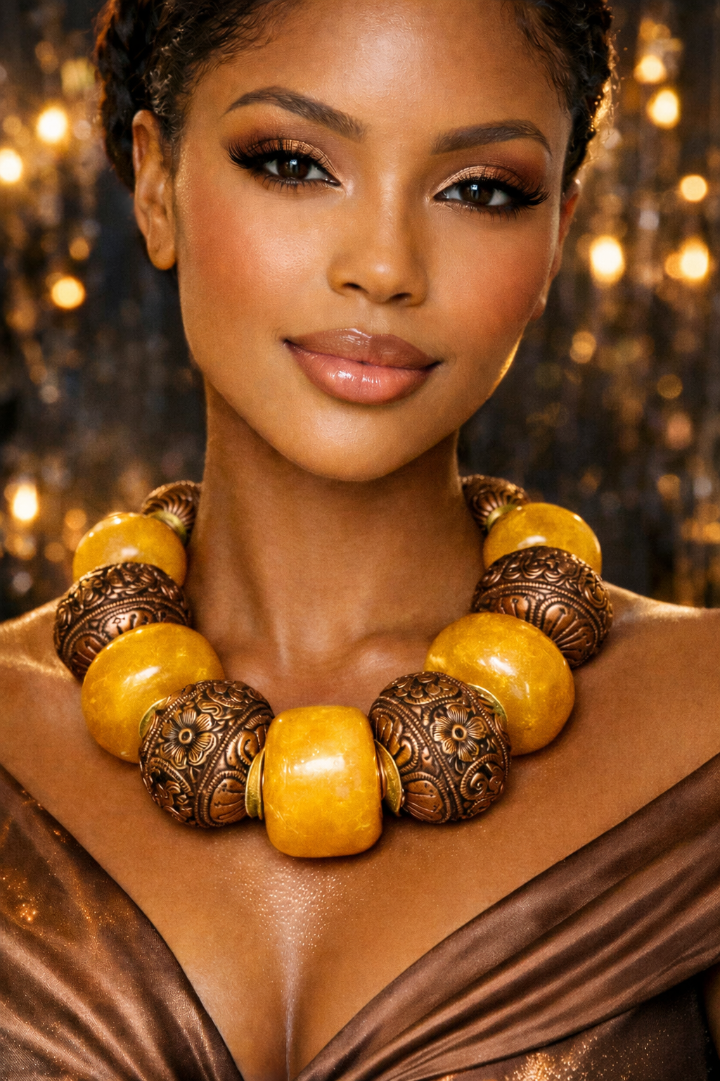 Copal Amber & Tibetan Copper Repousse Luxury Necklace