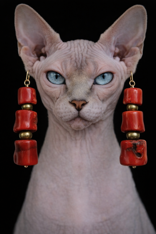 Chunky Red Coral Nugget & Gold Ball Dangle Pierced Statement Earrings