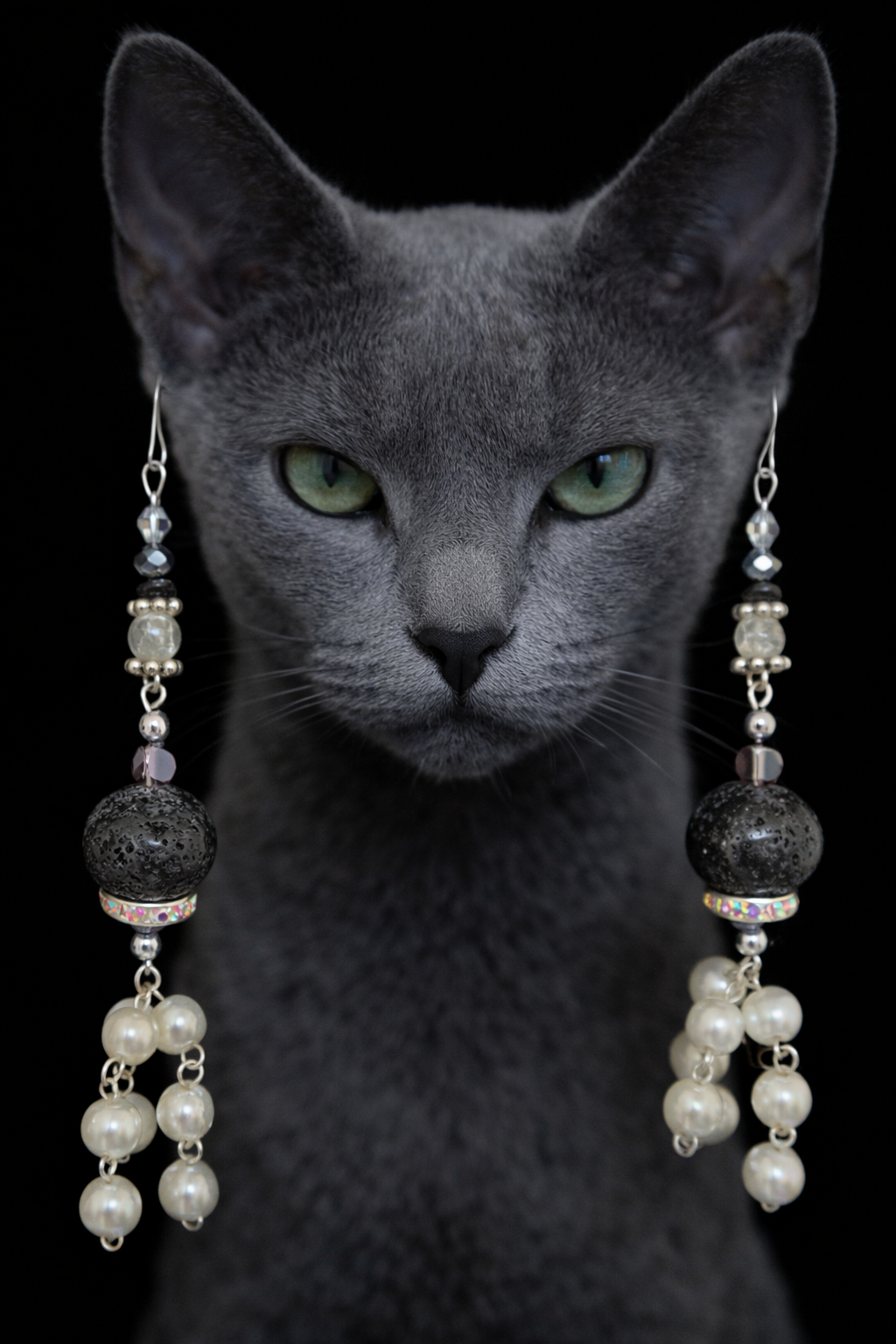 Black Lava Rhinestone & Faux Pearl Drop Pierced Shoulder Dusters - OOAK