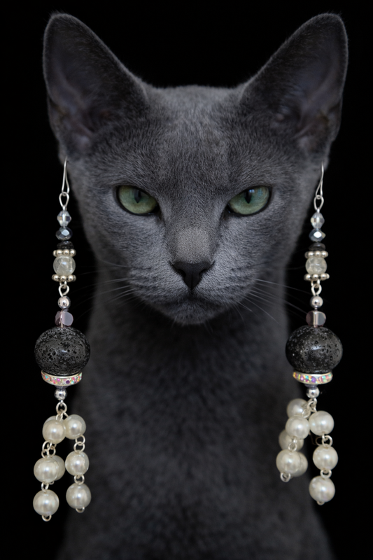 Black Lava Rhinestone & Faux Pearl Drop Pierced Shoulder Dusters - OOAK