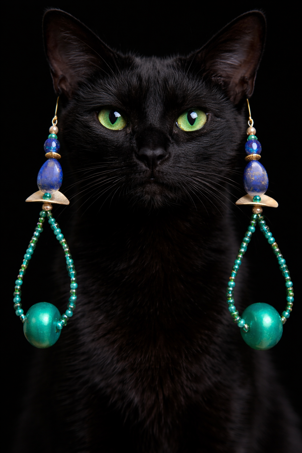 Lapis Lazuli & Emerald Green Beaded Hoop Pierced Statement Earrings