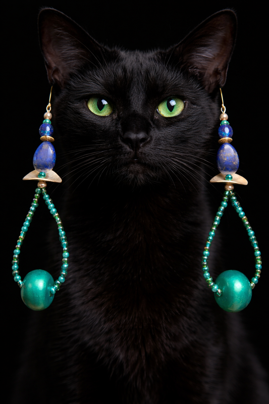 Lapis Lazuli & Emerald Green Beaded Hoop Pierced Statement Earrings