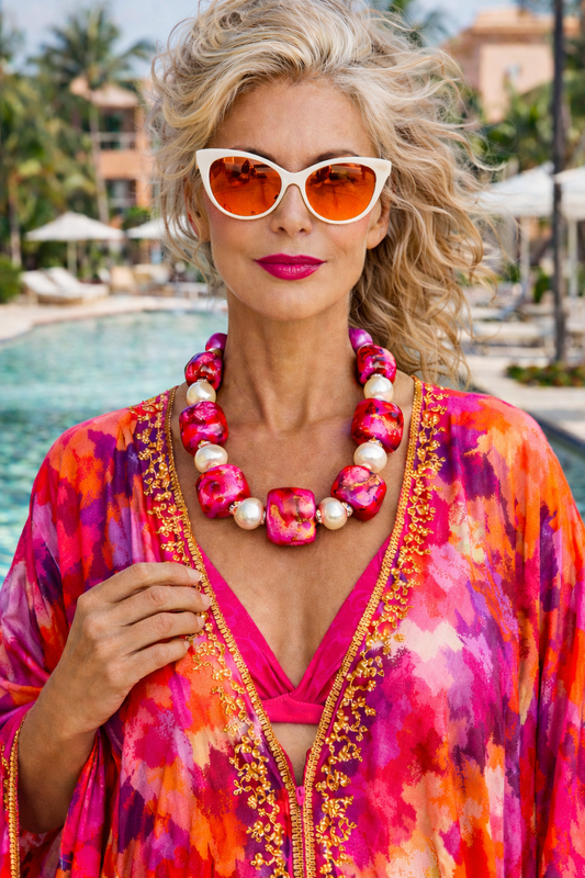Neck Candy Sculpted Cubes Fuchsia & Faux Pearl, Statement Luxury Neckl