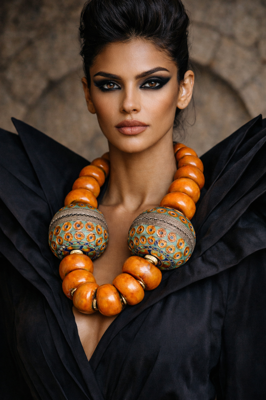 Moroccan Resin & Berber Egg Tribal Beaded Necklace - Haute Couture
