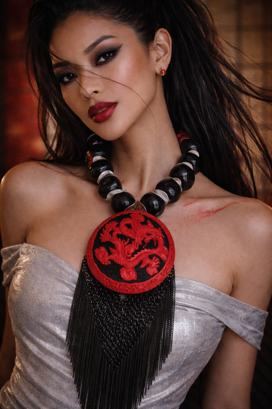 Red and Black Chinese Cinnabar Lacquer Dragon & Chain Mail Necklace