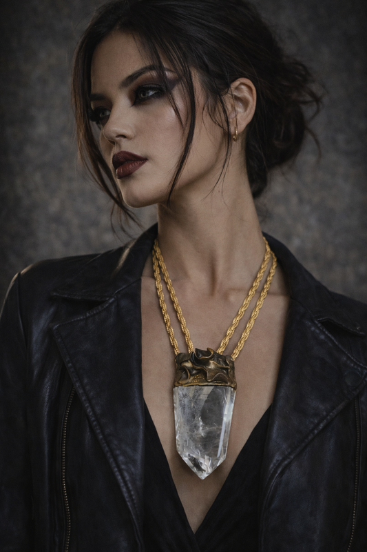 Sculpted Crystal Point Unisex Amulet With Vintage Brass & Copper Chain