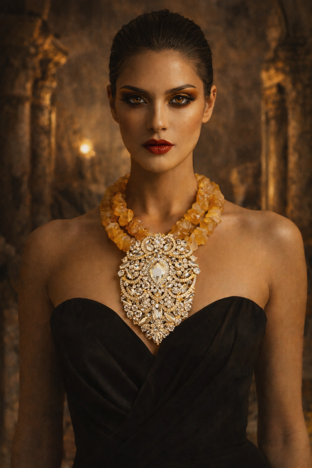 Raw Citrine & Rhinestone Pendant - Opulent Showstopper