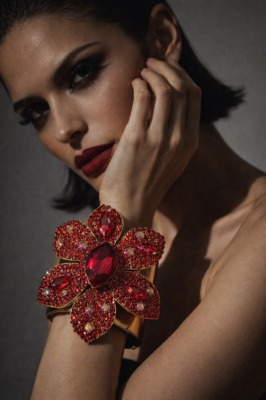 Red Rhinestone Flower Wide Brass Statement Cuff - Bling Bangle