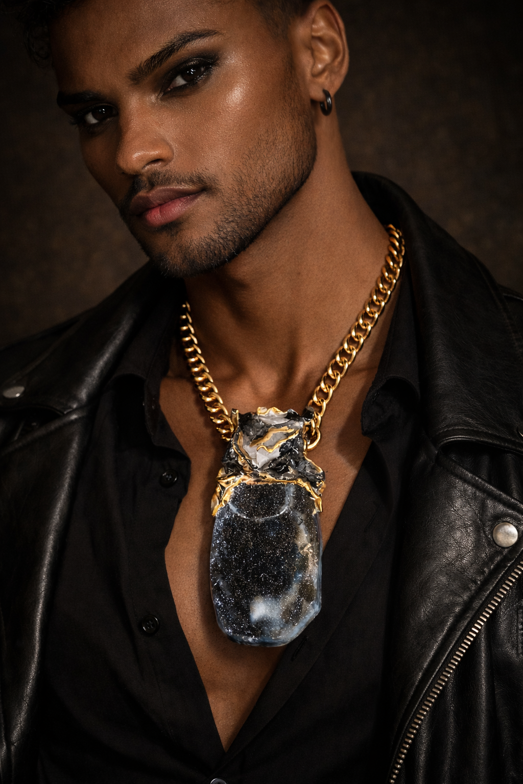 Heavily Crystallized Black Druzy Agate Statement Pendant - Brass Chain
