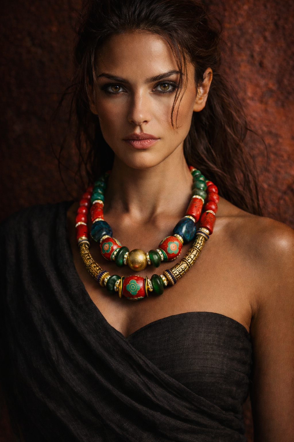 Tibetan Repousse Exotic Tribal Necklace Set - High End Couture