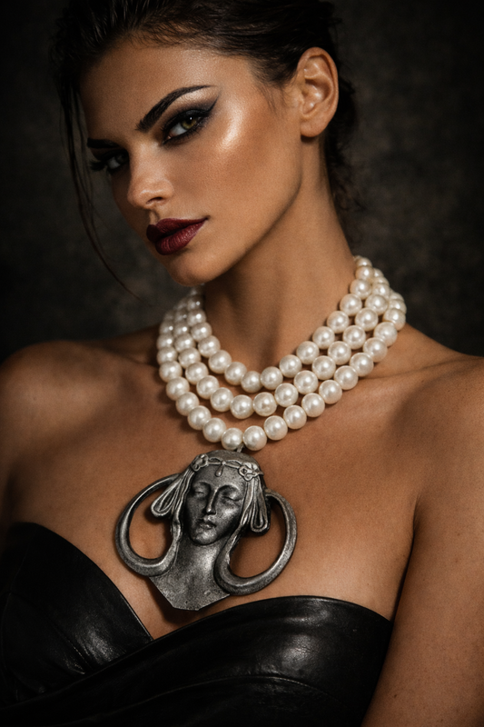 Art Nouveau Goddess Metal Pendant & Multi Strand Faux Pearl Luxe Necklace