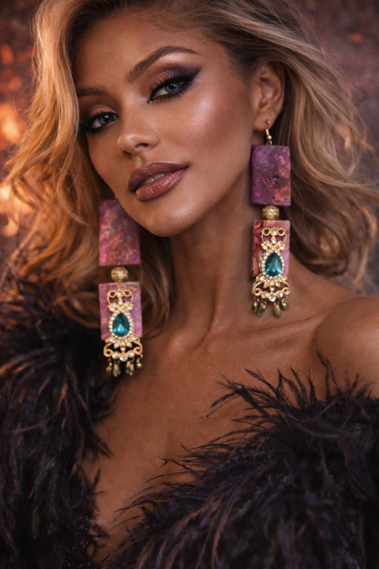 Hot Pink Crazy Lace Agate & Emerald Green Rhinestone Shoulder Dusters