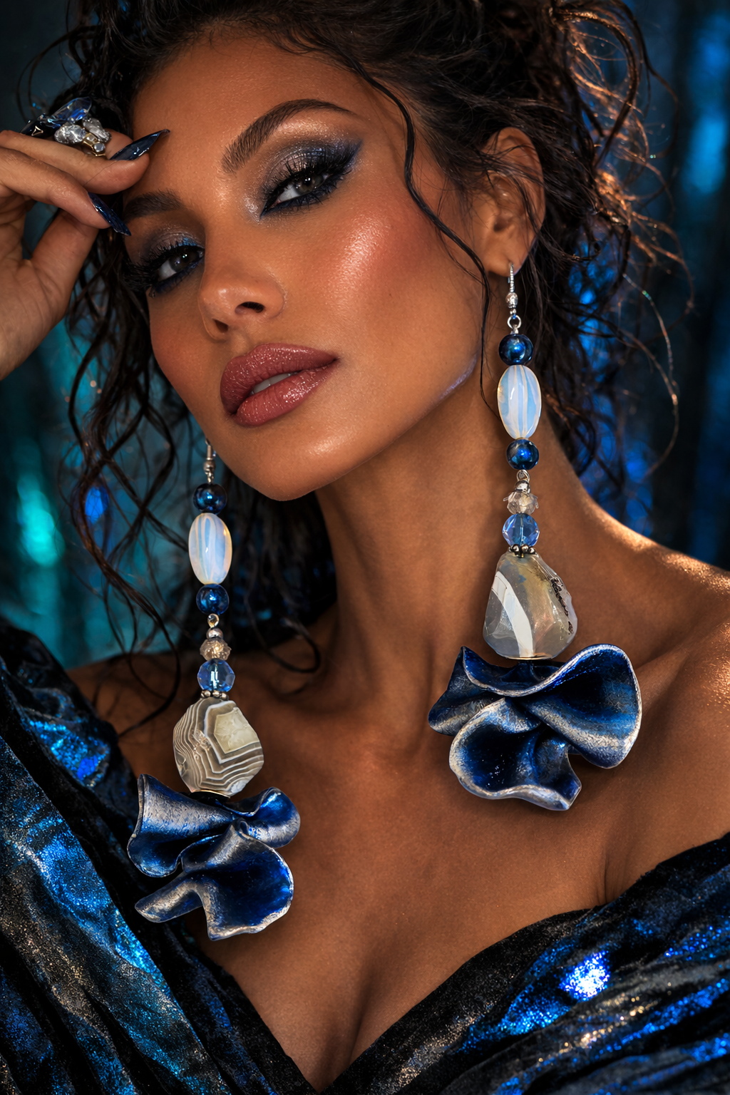 Blue Silver & White Sculpted and Beaded Shoulder Duster Earrings