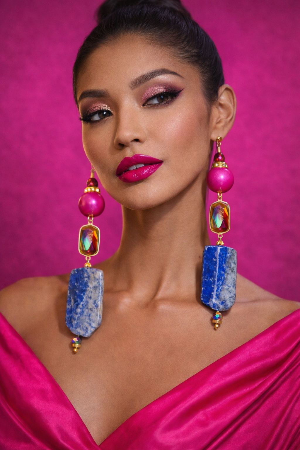 Lapis Lazuli Druzy & Hot Pink Ball Long Dangle Pierced Statement Earri
