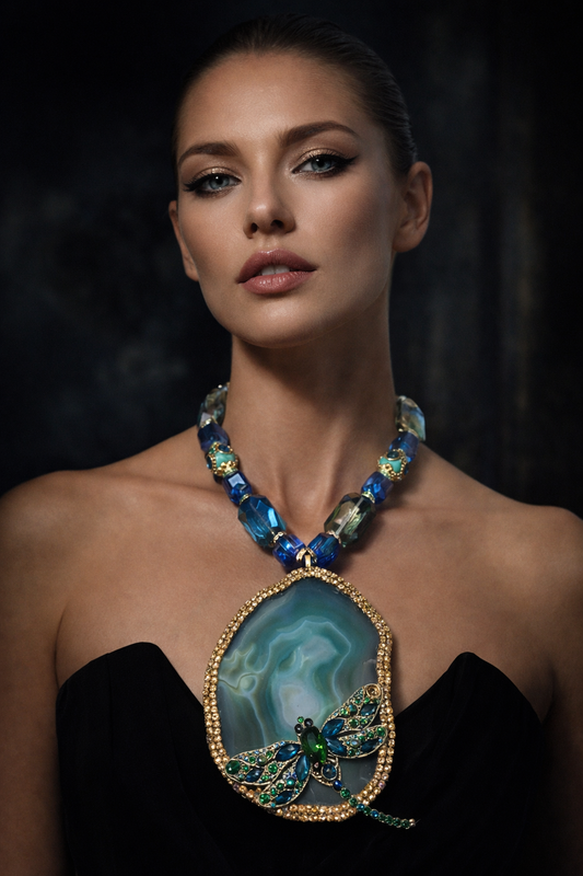 Massive Green Agate & Rhinestone Dragonfly Chest Piece - OOAK