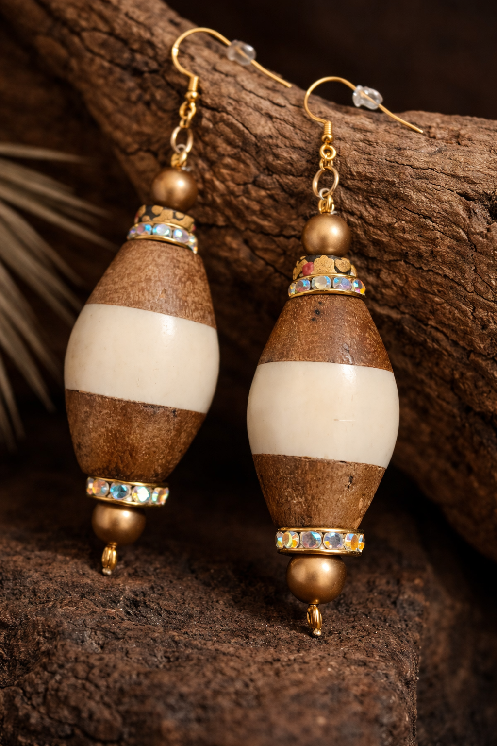 Bold Bone and Wood Bicone Pierced Statement Earrings - Summer Attire