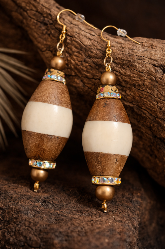 Bold Bone and Wood Bicone Pierced Statement Earrings - Summer Attire
