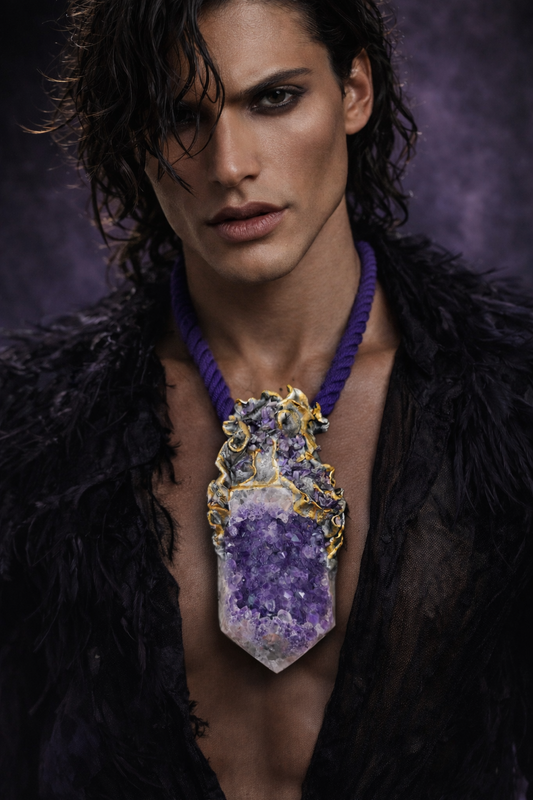 Rough Amethyst Baroque Sculpted Rope Gemstone Pendant - Luxury