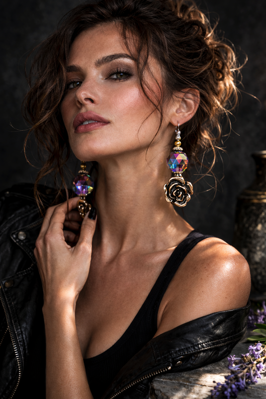 Silver Tone Black Rose & Purple Crystal Dangle Pierced Statement Earrings