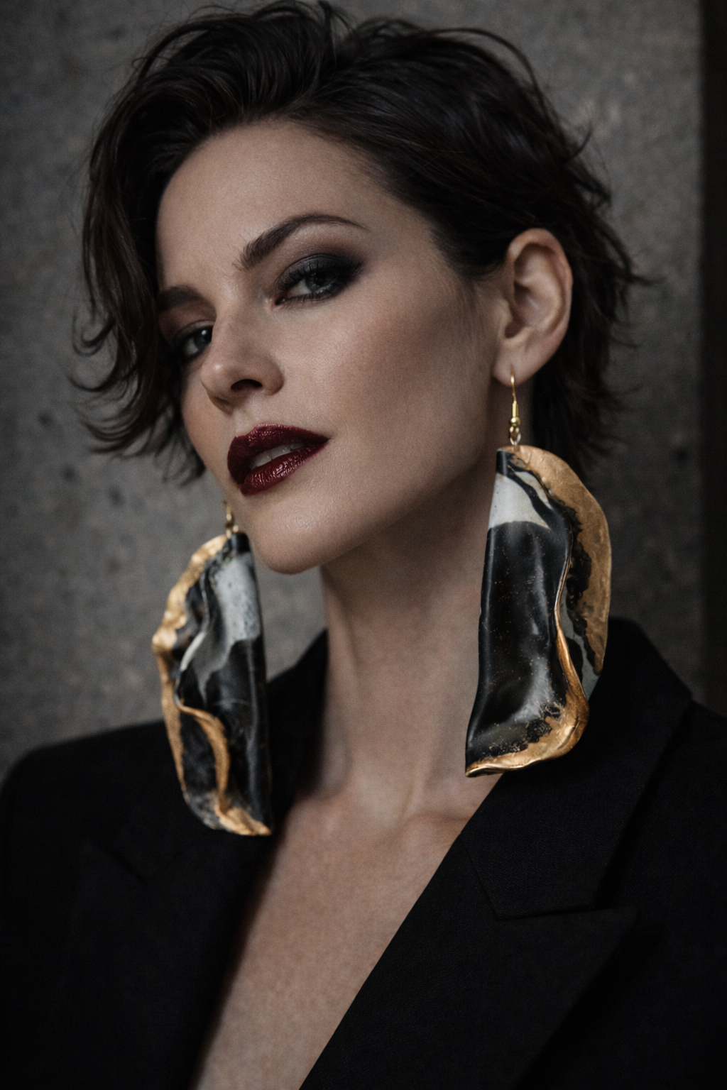 Avant Garde Sculpted Black White & Bronze Pierced Earrings - Dramatic