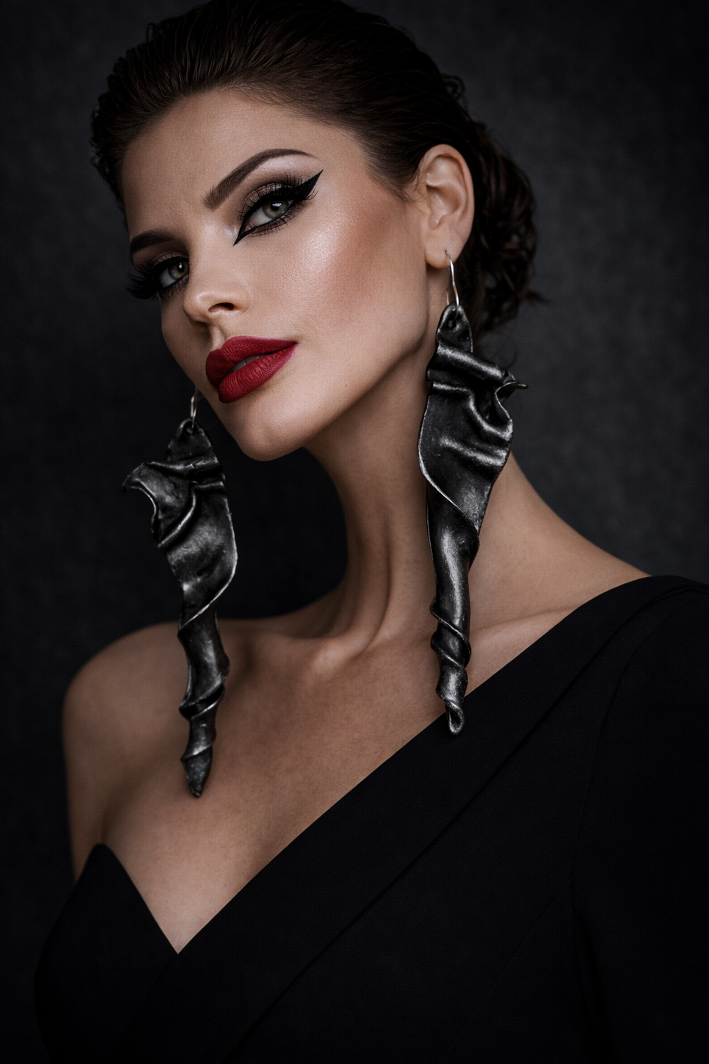 Metallic Black Pearl Sculpted Spiral Shoulder Dusters - Faux Sterling
