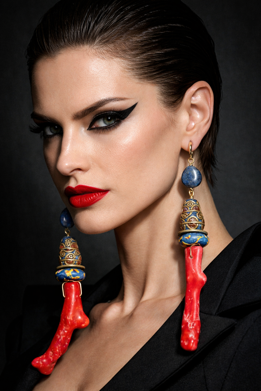 Red Branch Coral & Lapis Lazuli shoulder Duster Earrings