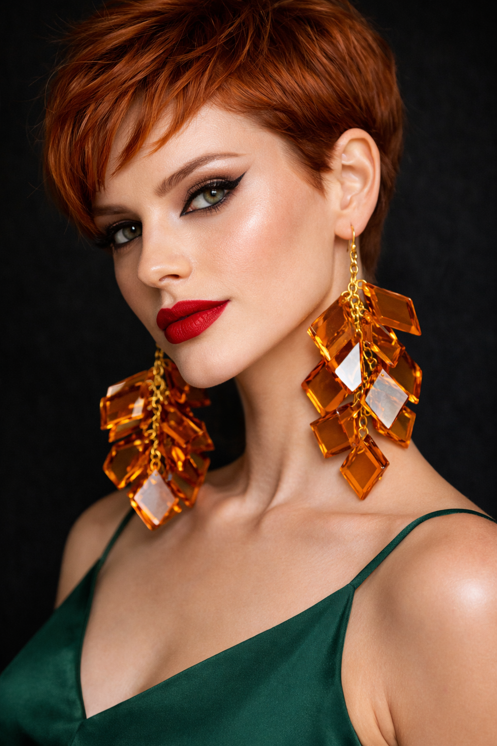 Copper Lucite Diamond Shaped Long Pierced Statement Earrings - Funky