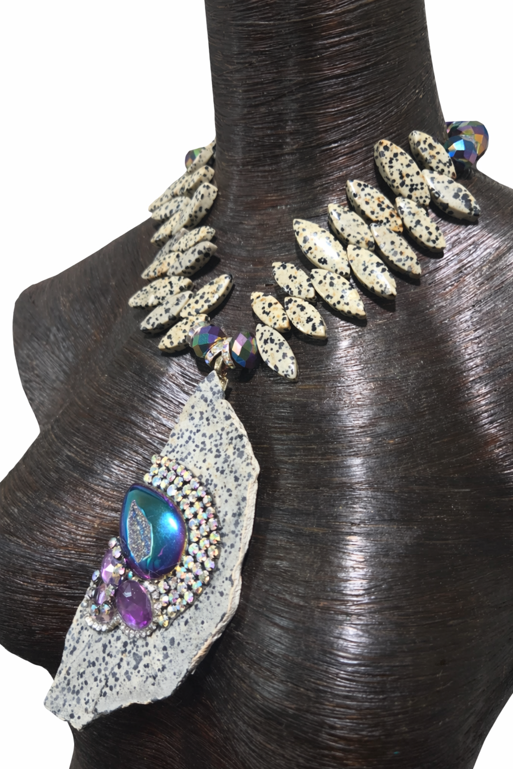 Avant Garde Dalmatian Jasper Slab Chest Piece & Jewel Tone Druzy Agate