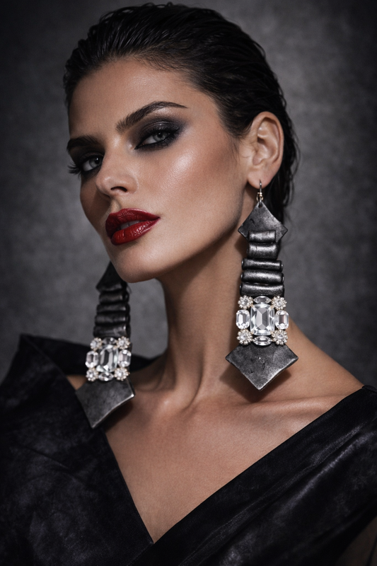 Faux Silver Pewter Metal Toned Dramatic Earrings - Haute Couture