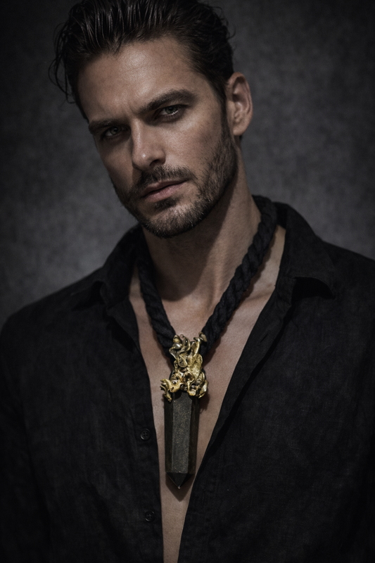 Sculpted Unisex Pyrite Gemstone Pendant on a Soft Black Cotton Rope