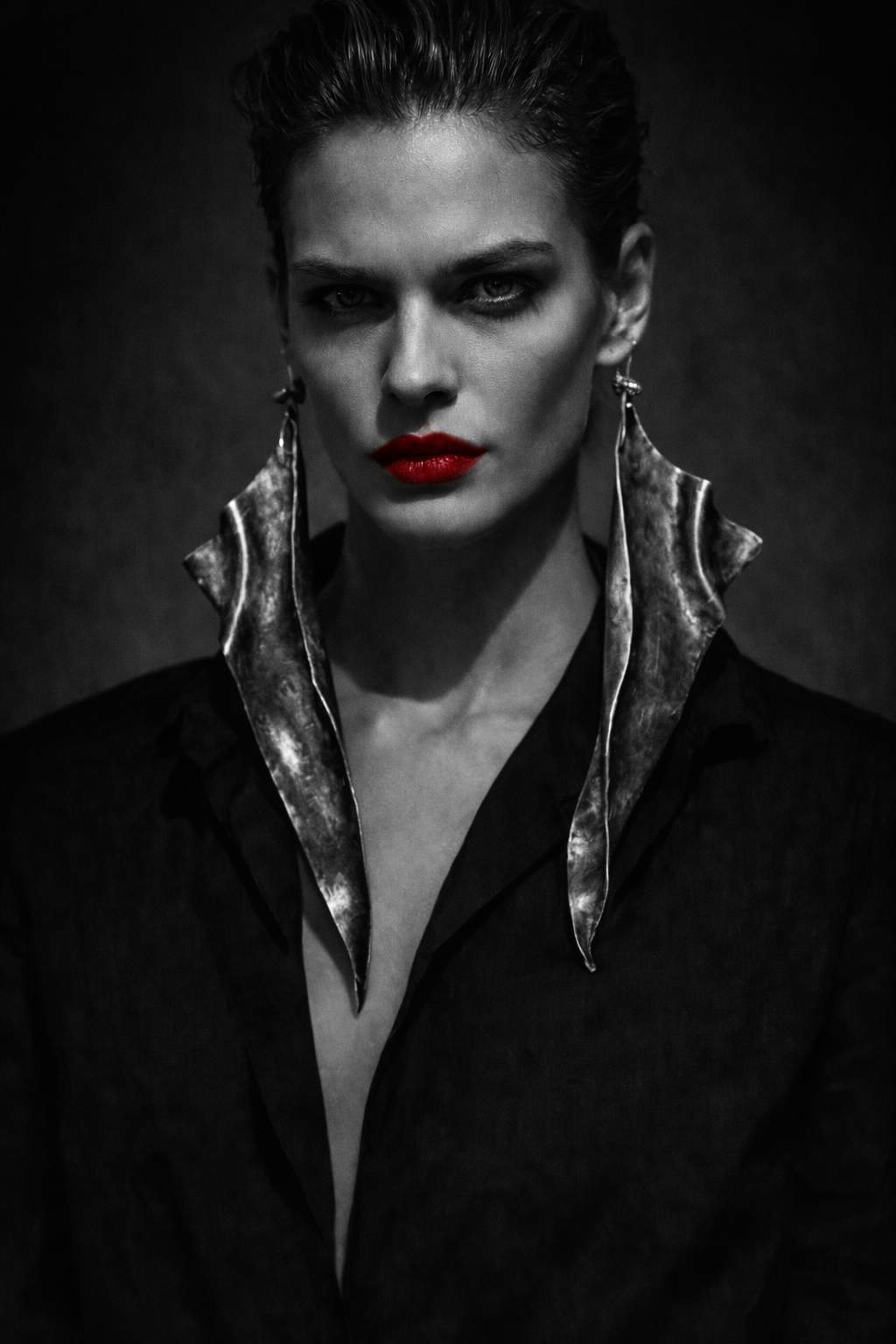 Architectural Blackened Silver Shoulder Duster Pierced Earrings - Couture