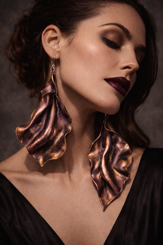 Metallic Plum Art Nouveau Sculpted Sensuous Pierced Earrings - Edgy
